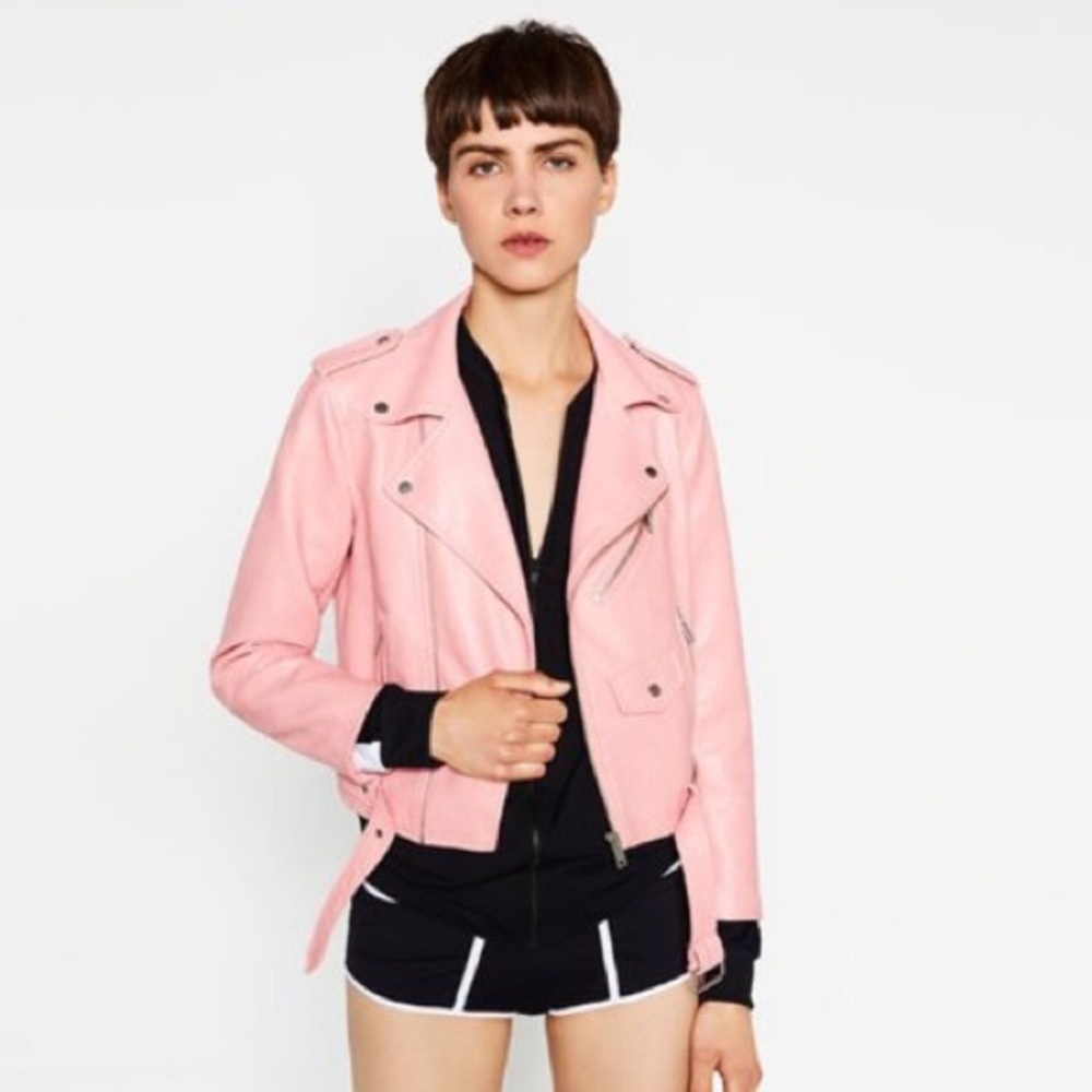 Zara pink faux leather bomber moto jacket SMALL